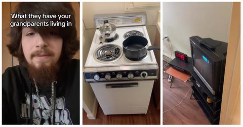 A man shows the inside of a "high-end" nursing home room