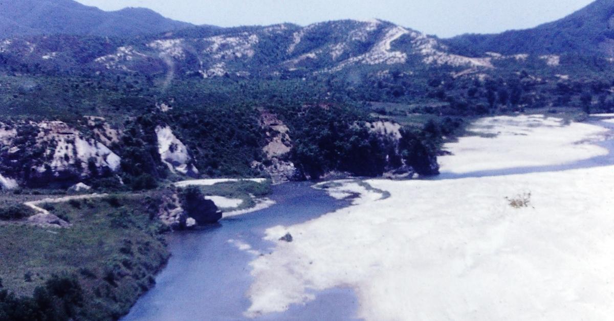 Aerial view of a valley stream near the 8055th MASH (Mobile Army Surgery Hospital), South Korea, June 1952.