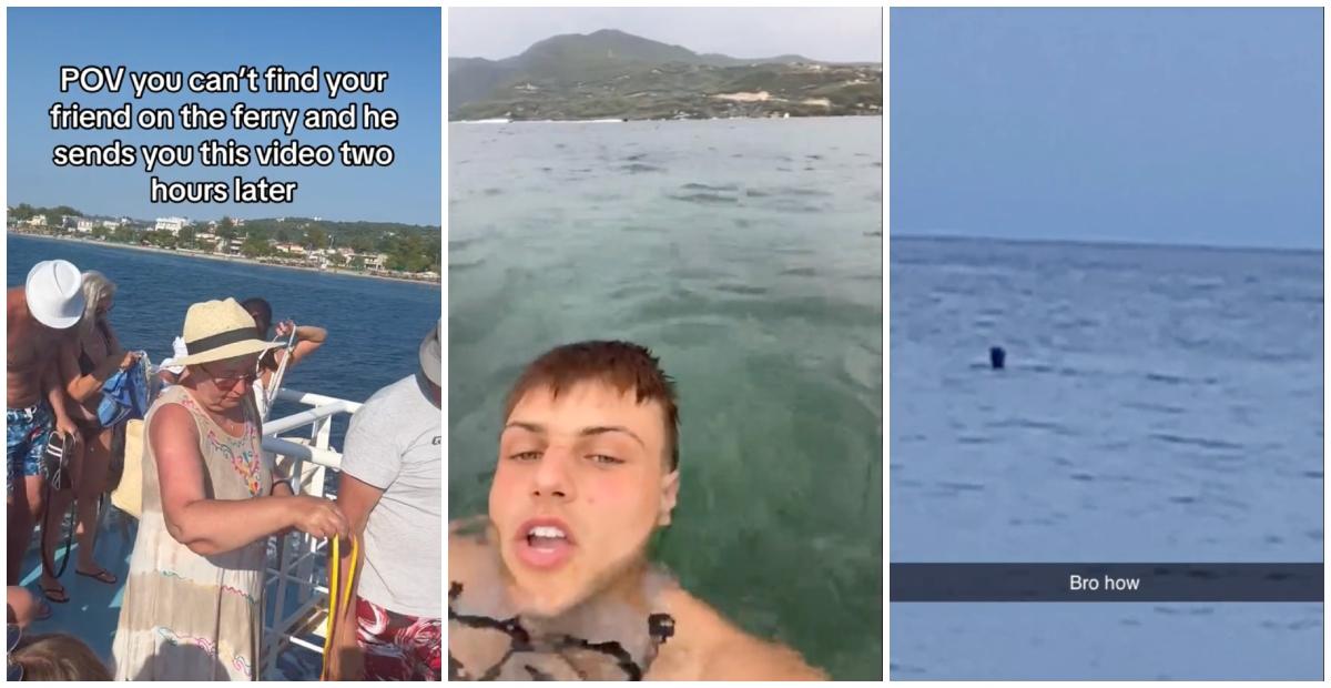 ferry, a man swimming in the ocean