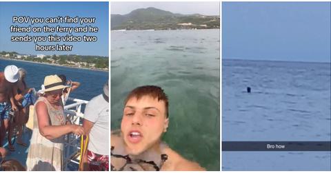 ferry, a man swimming in the ocean