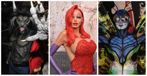 Heidi Klum as the "Thriller" werewolf, Jessica Rabbit, and a butterfly.