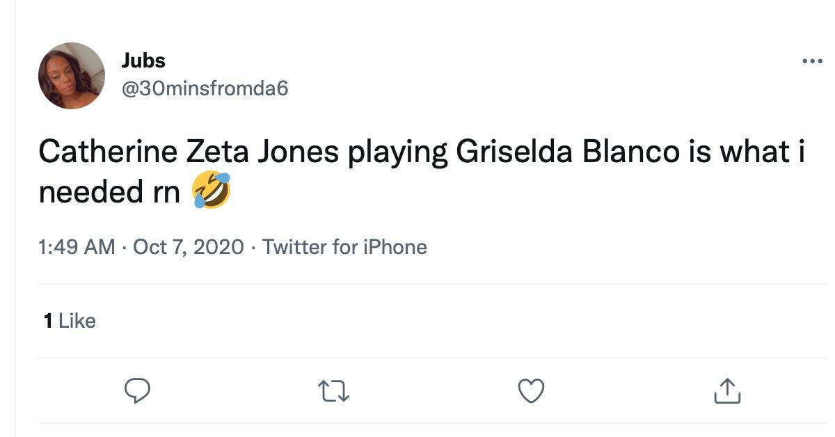 A tweet about Catherine Zeta-Jones portraying Griselda Blanco