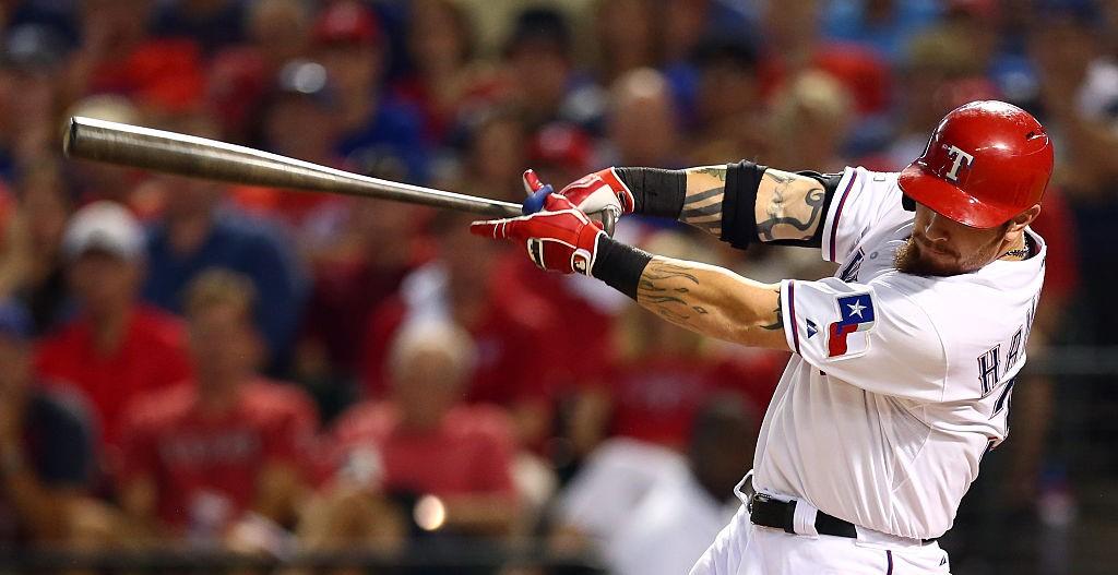 Josh Hamilton swinging a bat for the Texas Rangers