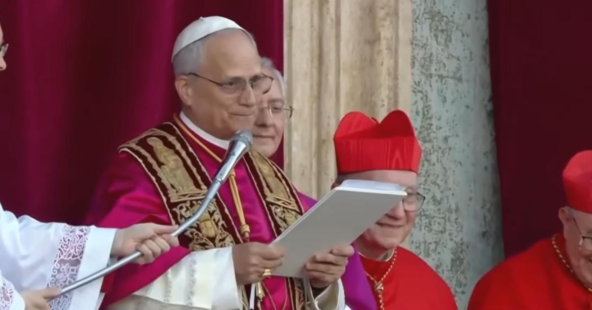 Newly elected Pope Leo XIV addresses the crowd in his first appearance on May 8, 2025.