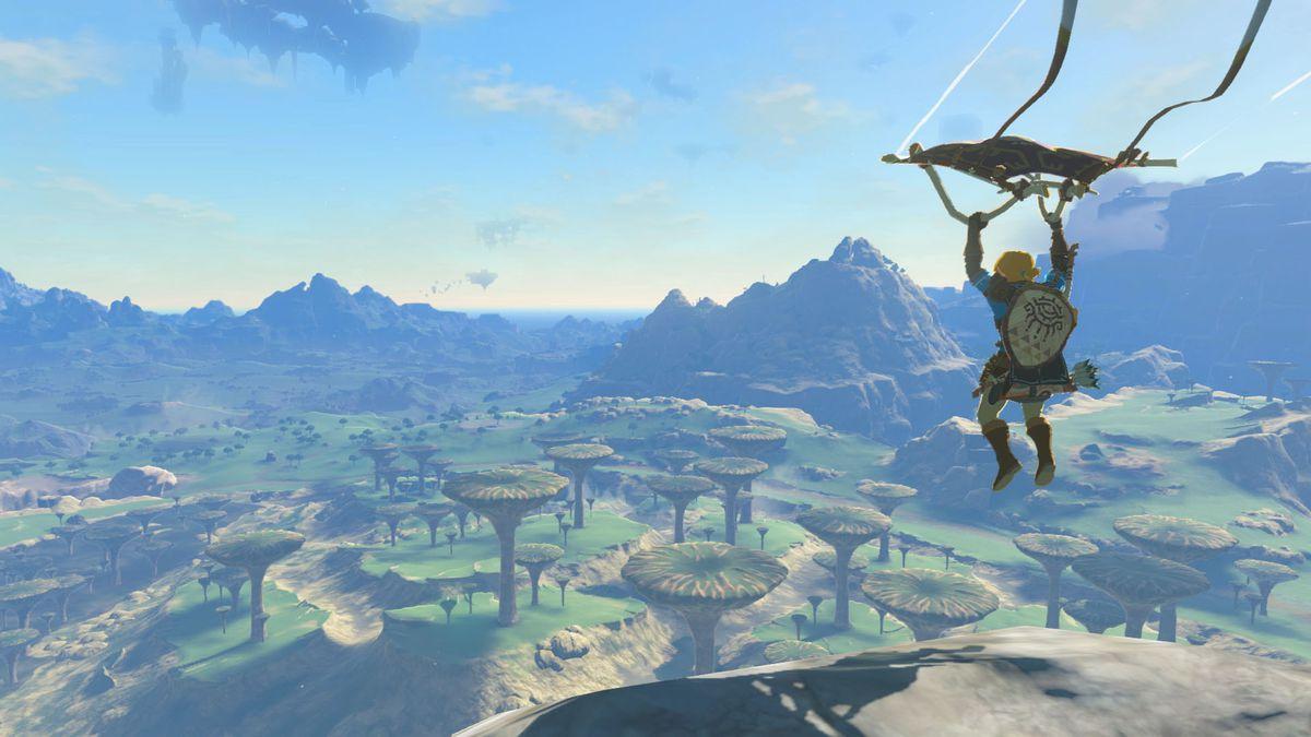 'Tears of the Kingdom' Link gliding over a mushroom area in Hyrule.