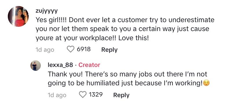 Comment about standing up to rude customers in the work place.