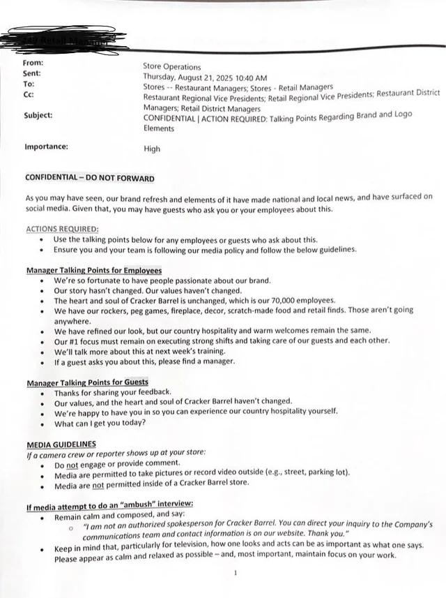 Cracker Barrel memo about logo.