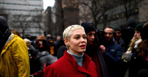 Rose McGowan in a red coat