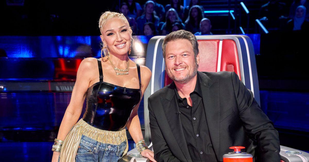 (l-r): Gwen Stefani and Blake Shelton filming 'The Voice'