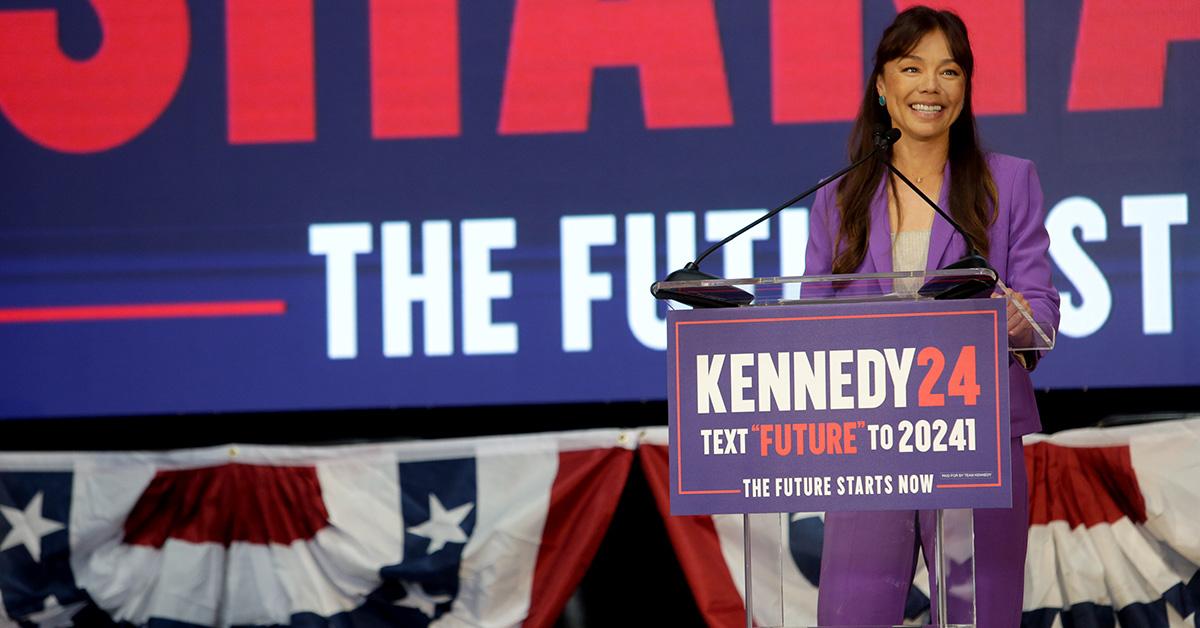 Nicole Shanahan speaking at an RFK Jr. rally on March 26, 2024, in Oakland, Calif.