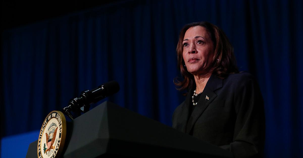 Kamala Harris speaking during a campaign event in Michigan. 