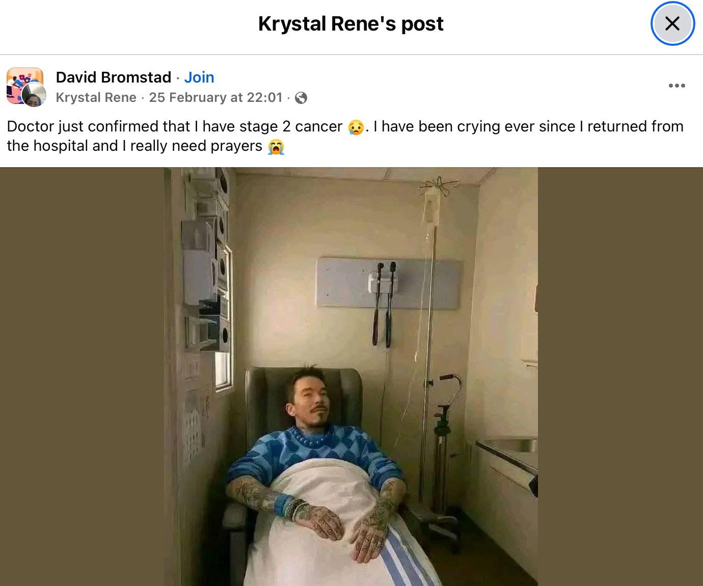 A fake Facebook post suggesting David Bromstad is in the hospital.
