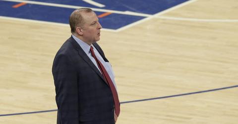 Tom Thibodeau coaching in a suit and tie in 2016.