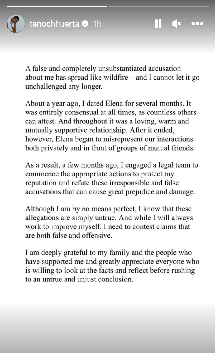 Tenoch Huerta Instagram story statement on sexual assault allegations