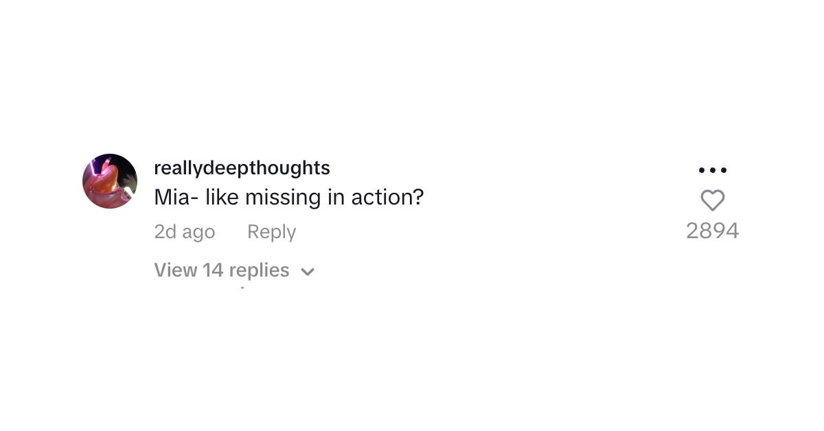 A commenter saying, "Mia - like missing in action"