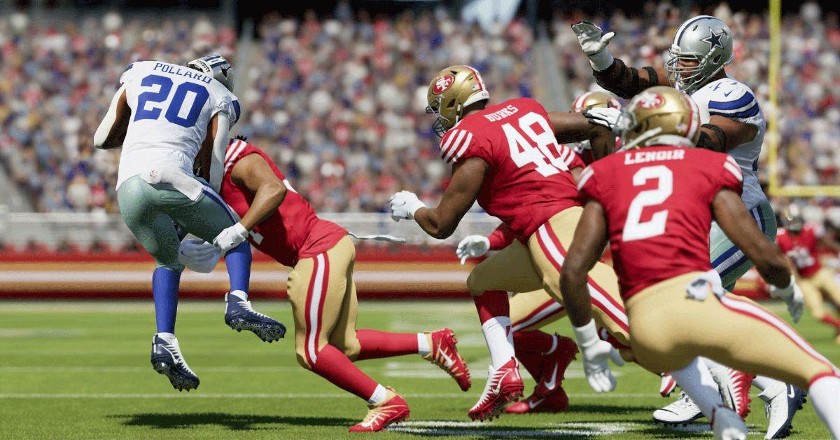 A Cowboy's player getting tackled by the Niners in Madden NFL 24.