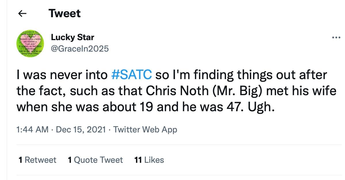 A tweet about Chris Noth's and Tara Wilson's 27-year age gap 