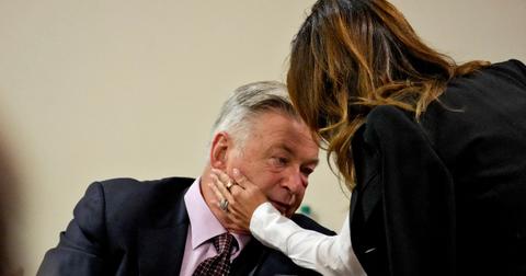 Hilaria Baldwin comforts her husband, actor Alec Baldwin, at his trial