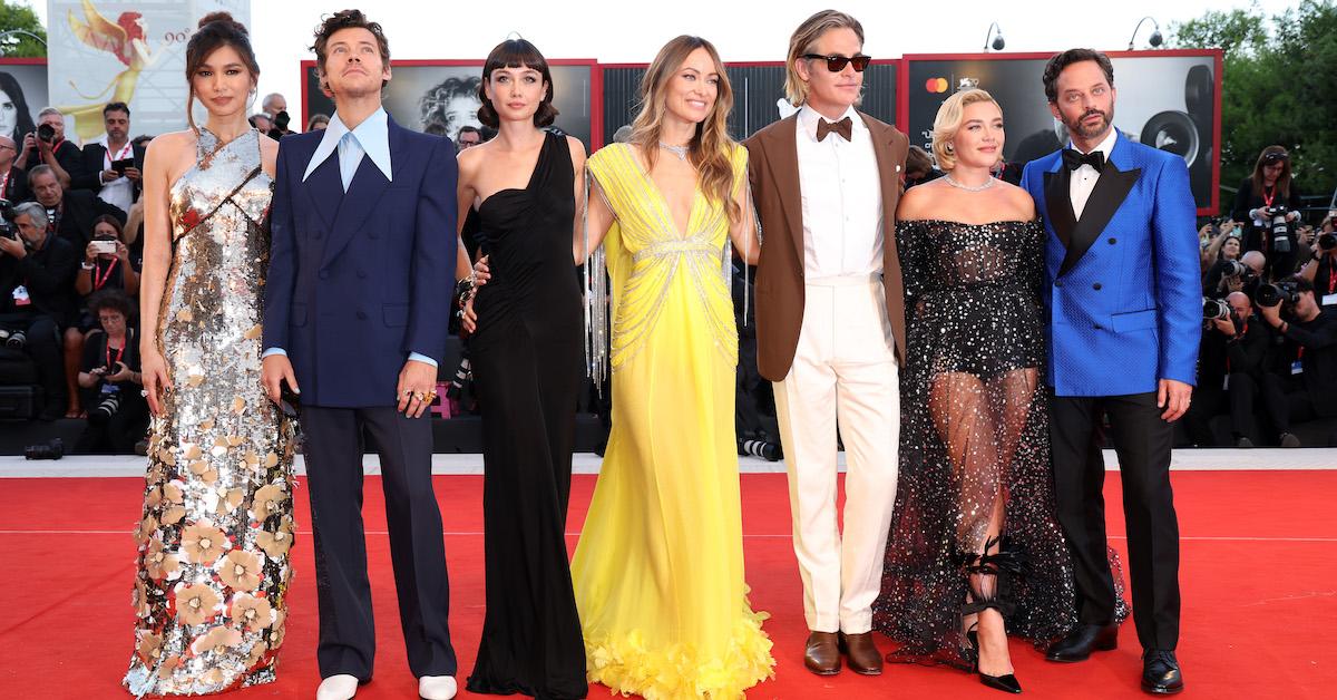 Gemma Chan, Harry Styles, Sydney Chandler, director Olivia Wilde, Chris Pine, Florence Pugh and Nick Kroll attend the "Don't Worry Darling" red carpet at the 79th Venice International Film Festival