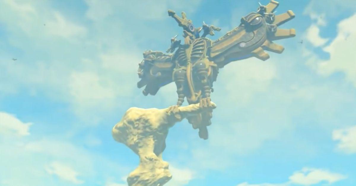 A Divine Beast perched on a cliff in Breath of the Wild.