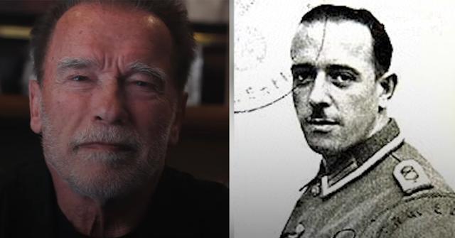 (l-r) Arnold Schwarzenegger and an old photo of his father, Gustav