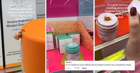 Messy drunk elephant products at sephora with a comment reading "at my sephora every SINGLE drunk elephant tester was completely empty"