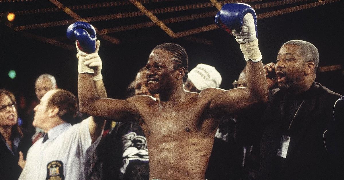 ernon Forrest victorious wearing trophy belt after winning fight vs Shane Mosley at Madison Square Garden