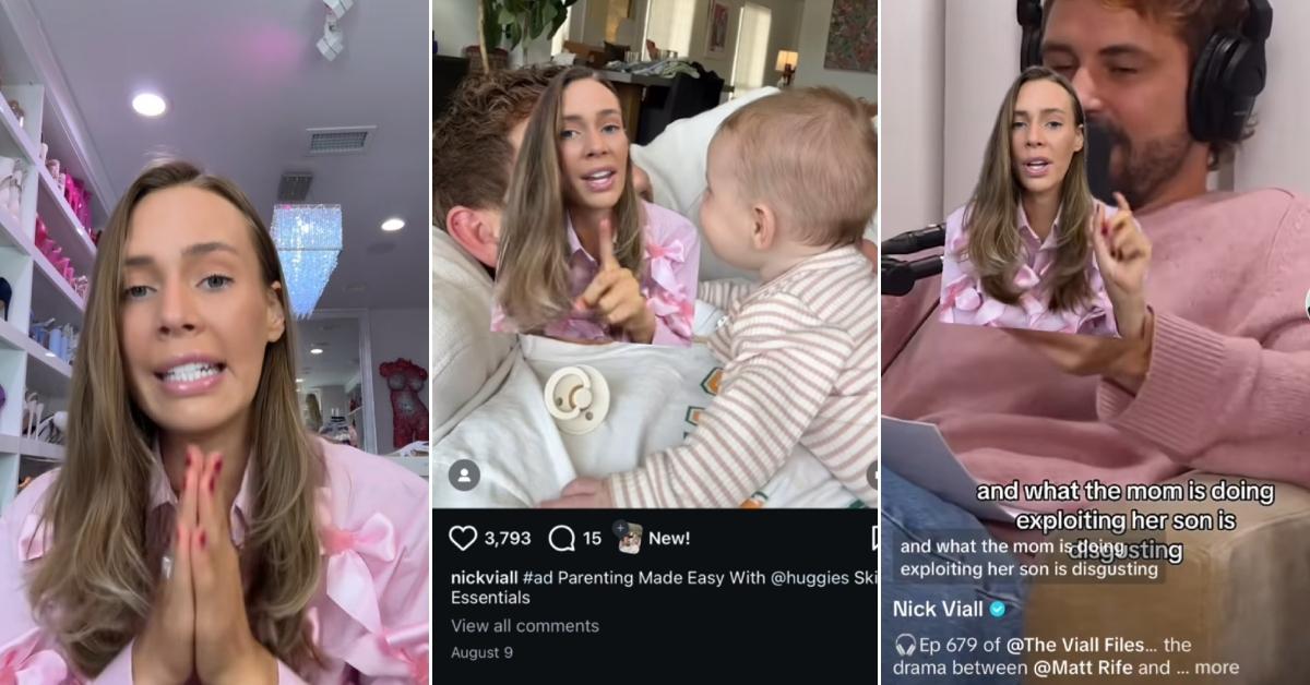 Screenshots from Bunny's TikTok, where she accuses Nick Viall of exploiting his own child.