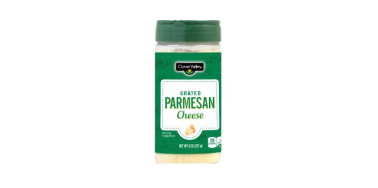 A photo of Clover Valley Grated Parmesan Cheese, 8 Oz from Dollar General's website.