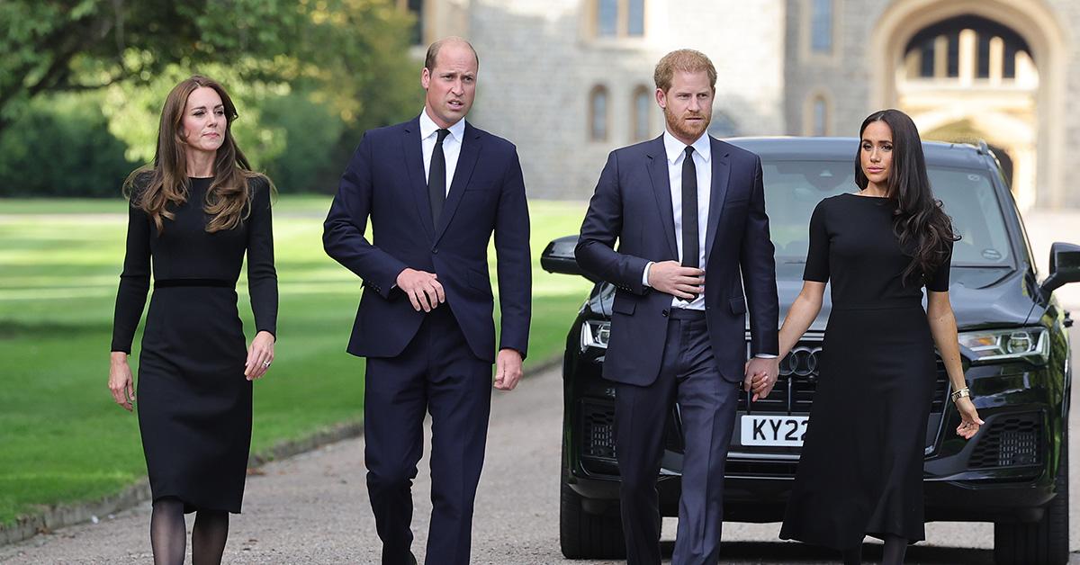 Prince William, Prince Harry along with Kate and Meghan as they walk in front of a car. 