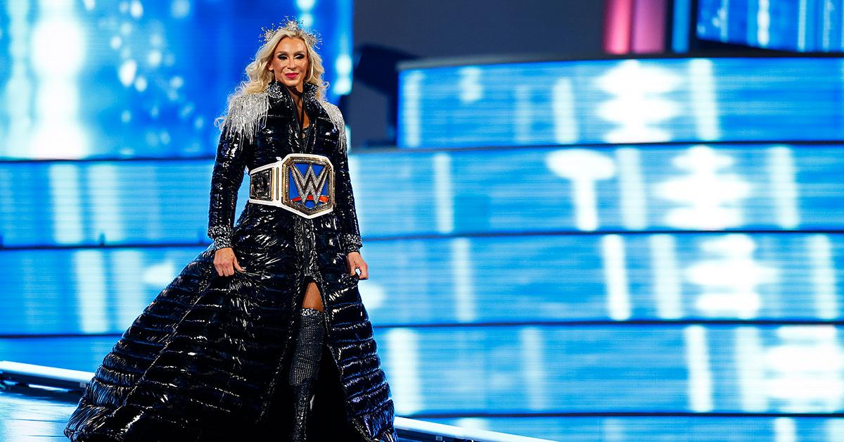 Charlotte Flair wearing her belt during Wrestlemania 39. 