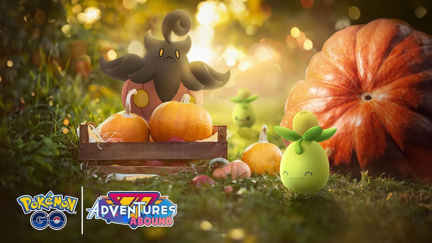 'Pokémon GO' Creatures standing next to pumpkins.