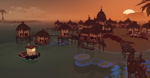 'Dredge' Boat sitting near abandoned homes on an island.