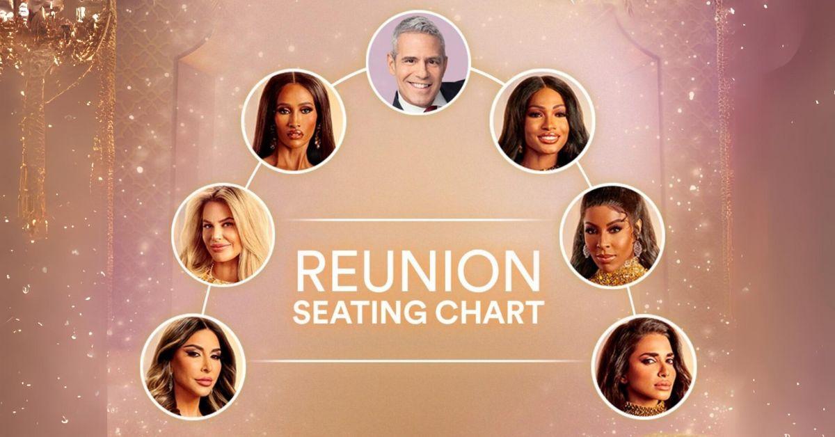 'RHODubai' seating chart (l-r) Taleen Marie, Caroline Stanbury, Chanel Ayan, Andy Cohen, Lesa Milan, Caroline Brooks, and Sara Al Madani