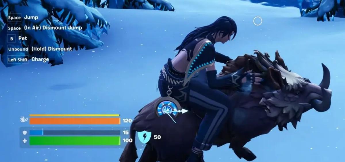 A player petting a tamed boar in a snowy biome of 'Fortnite'.