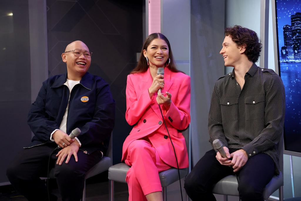 (L-R) Jacob Batalon, Zendaya and Tom Holland speak during SiriusXM's Town Hall with the cast of Spider-Man: No Way Home 