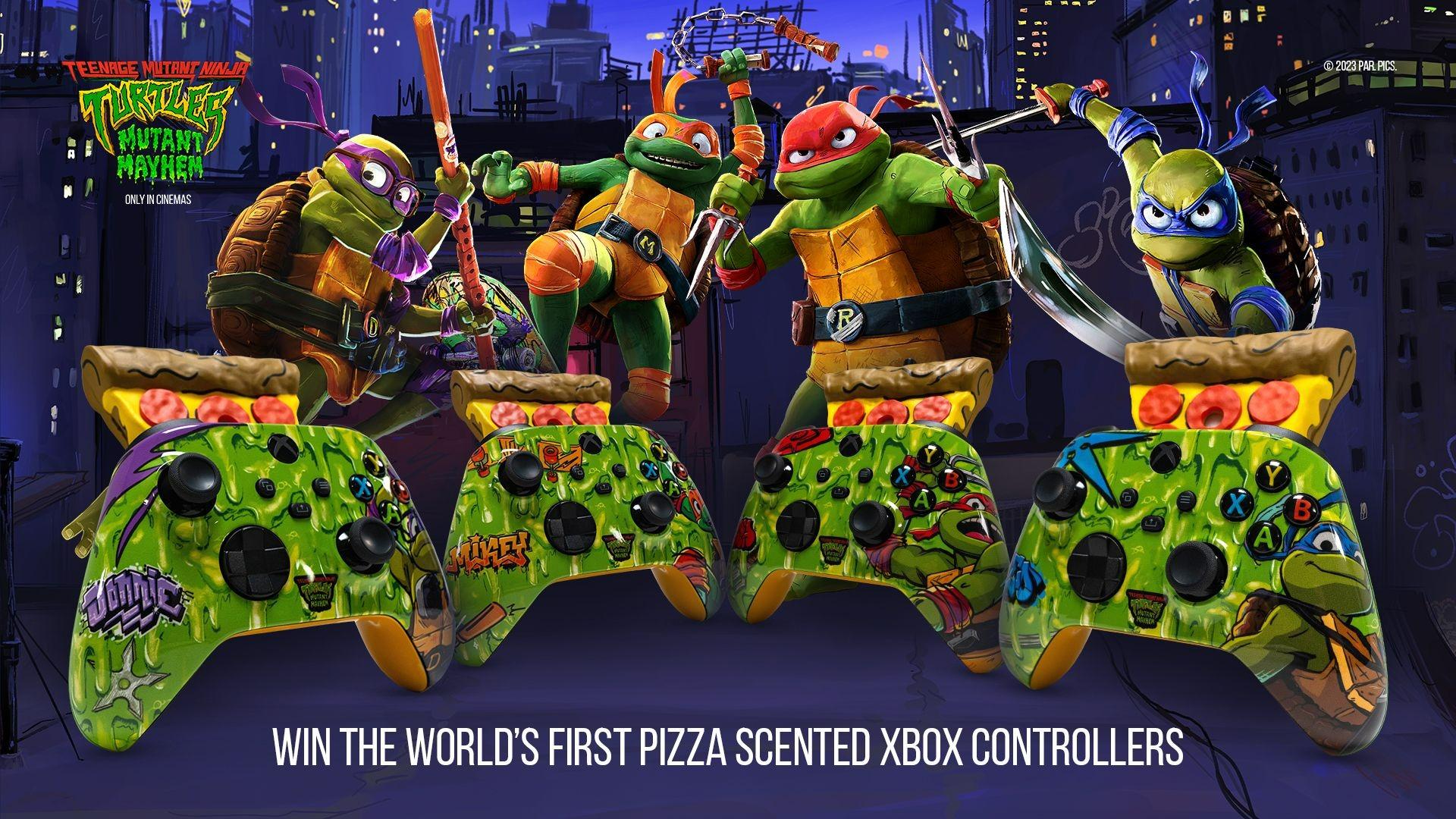 The Pizza-Scented Xbox controller with TMNT graphics in the background.