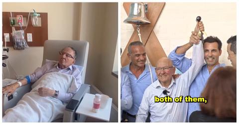 Frank Caprio in a hospital bed and ringing a bell