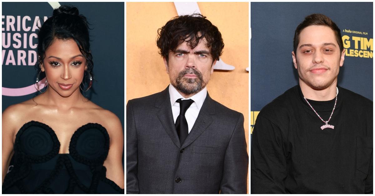 A collage of Liza Koshy, Peter Dinklage, and Pete Davidson posing on the red carpet.