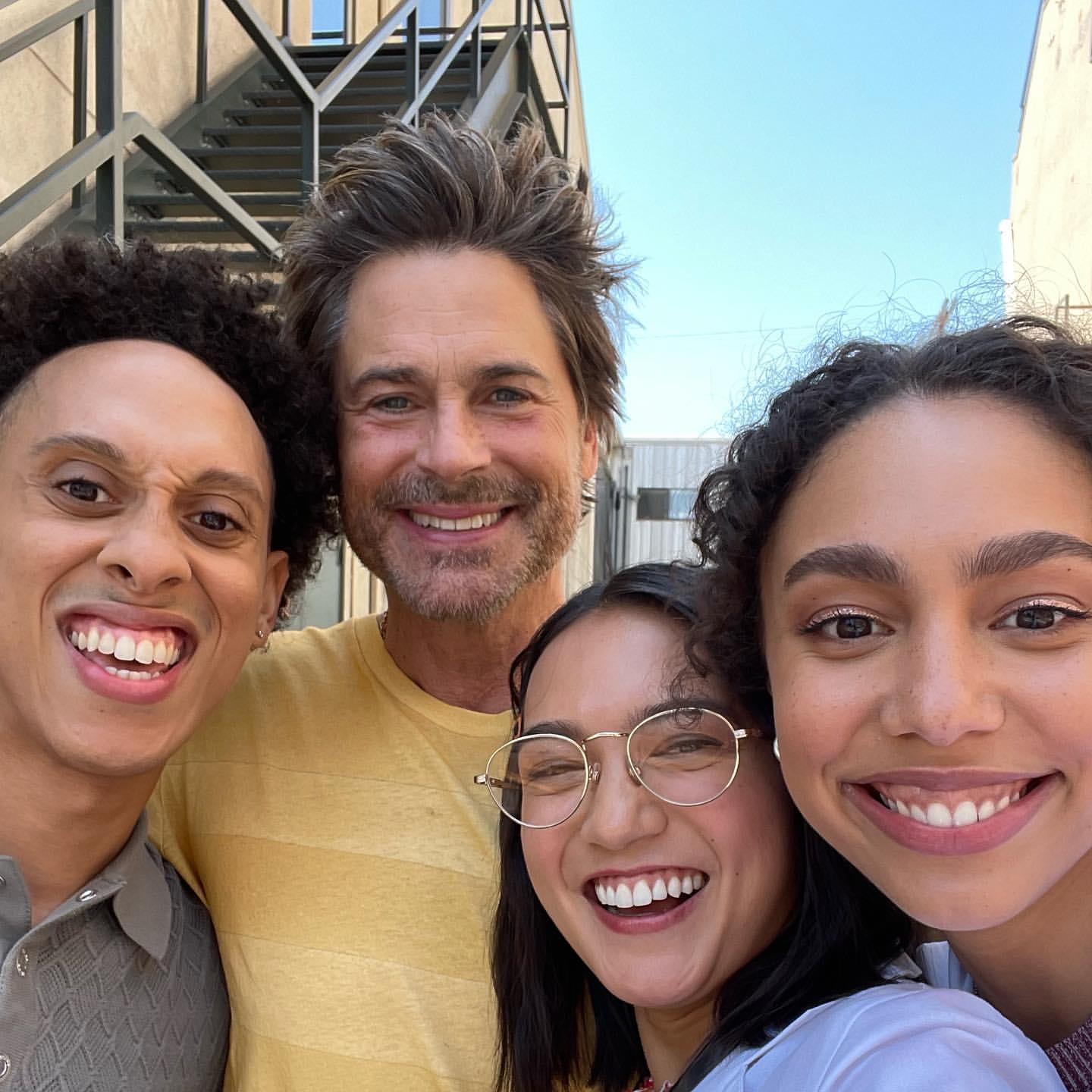 Aaron Branch, Rob Lowe, Rachel Marsh, and Emma Ferreira behind the scenes of 'Unstable.'