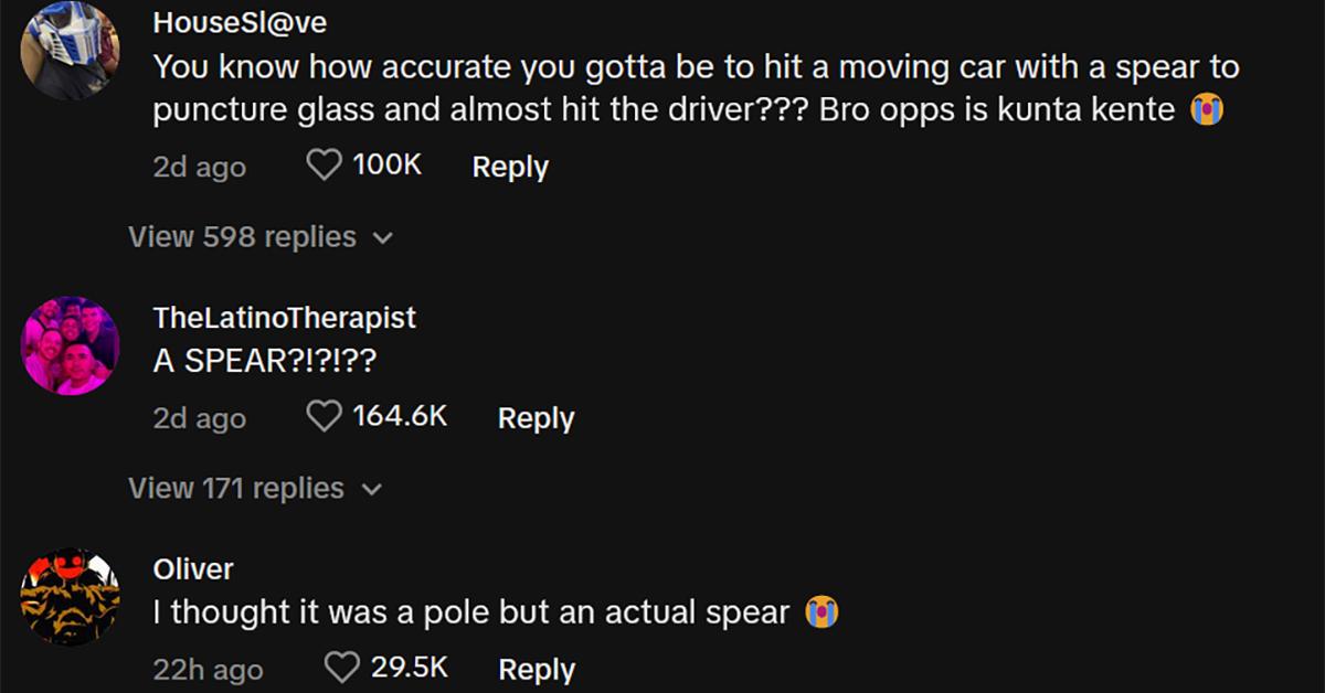 Commenters are shocked that a spear was thrown at a car