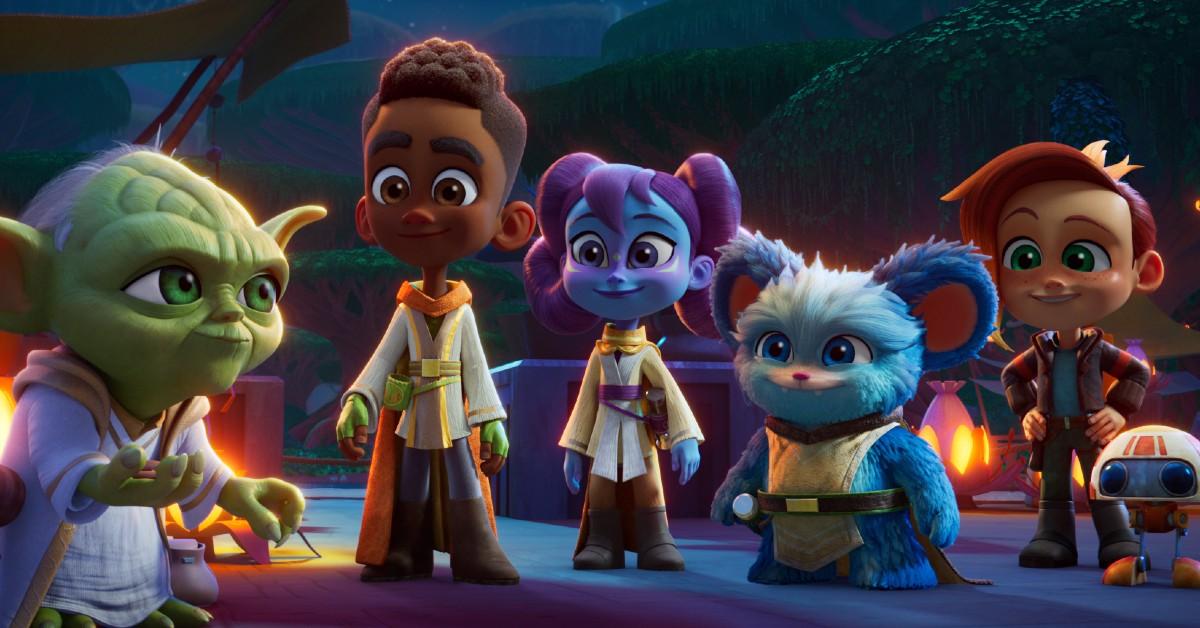 (L-R): Master Yoda (voiced by Piotr Michael) with Jedi Younglings, Kai Brightstar (voiced by Jamaal Avery Jr.), Lys Solay (voiced by Juliet Donenfeld) and Nubs (voiced by Dee Bradley Baker) and their friends Nash Durango (voiced by Emma Berman), and RJ-83 (voiced by Jonathan Lipow) on planet Tenoo, in a scene from "Star Wars: Young Jedi Adventures"