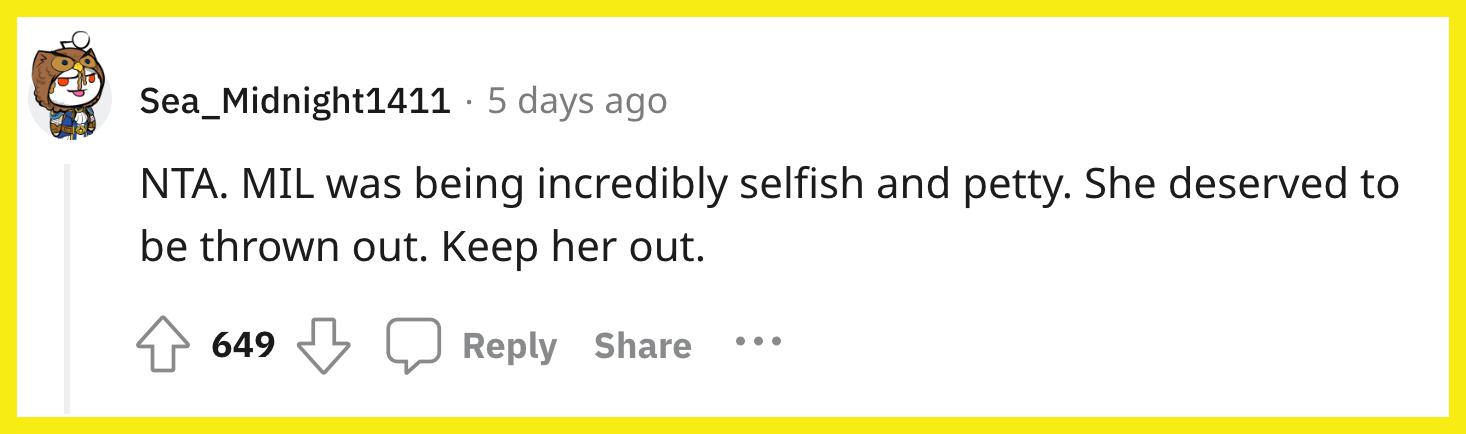 Redditor u/Sea_Midnight1411 commented, "NTA. MIL was being incredibly selfish and petty. She deserved to be thrown out. Keep her out."