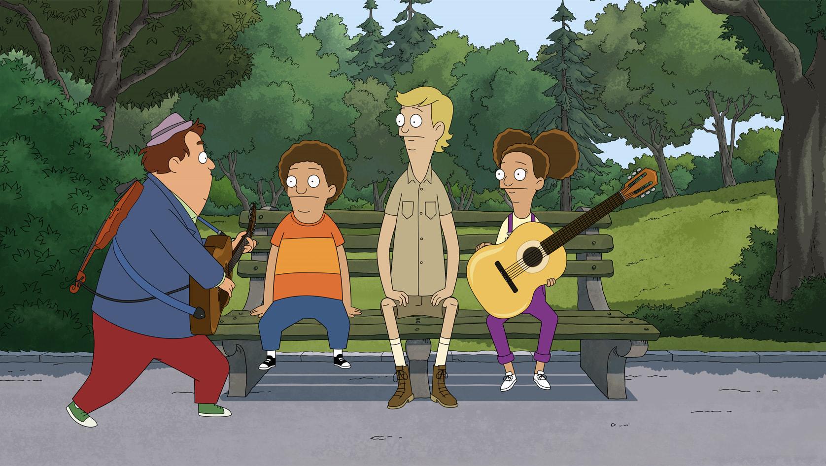 Birdie (voiced by Josh Gad), Cole (voiced by Tituss Burgess), Elwood (voiced by Rory O'Malley) and Molly (voiced by Emmy Raver-Lampman) in “Central Park” season two